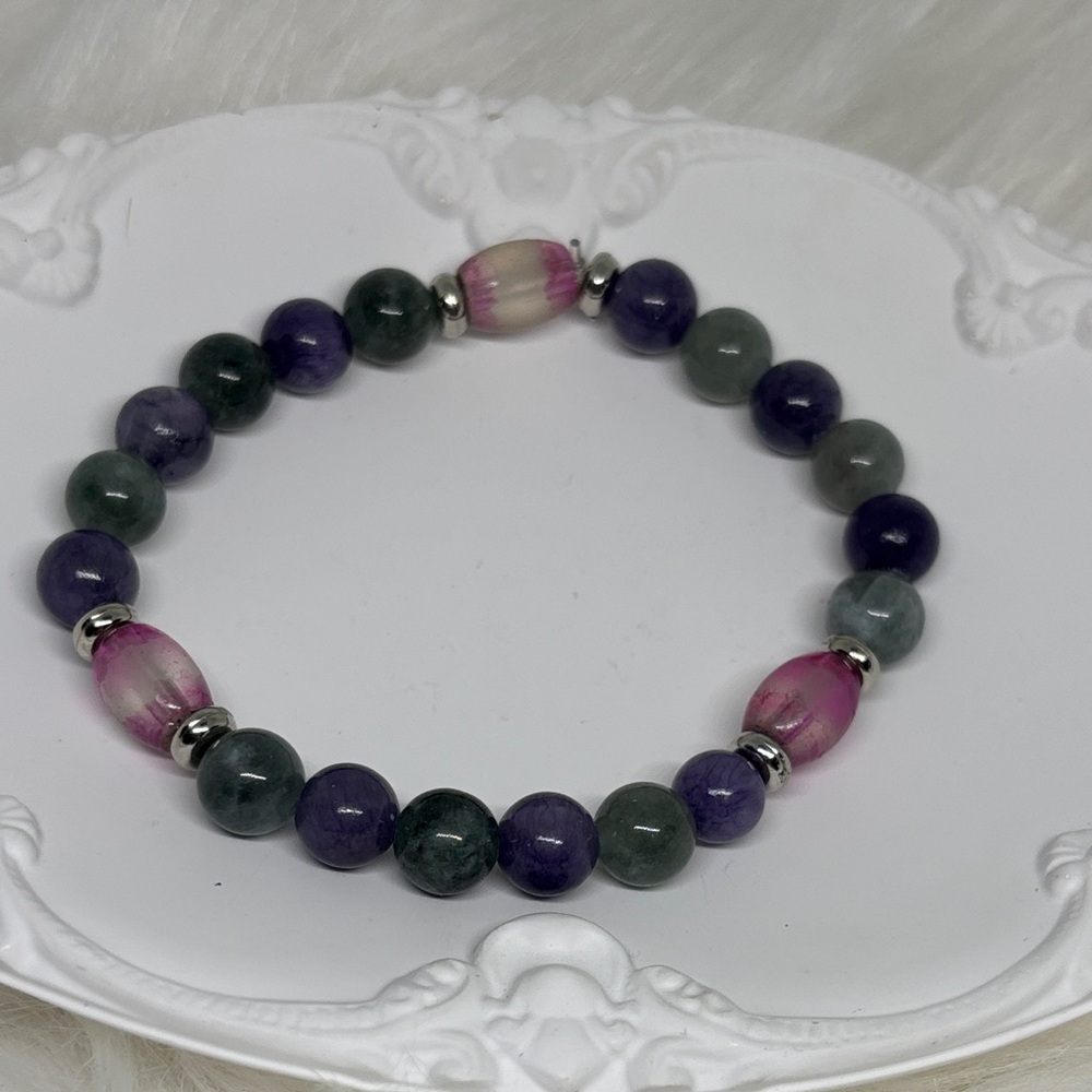 Handmade Jadeite and Purple Jade Bracelet with Vintage Elements Romantic